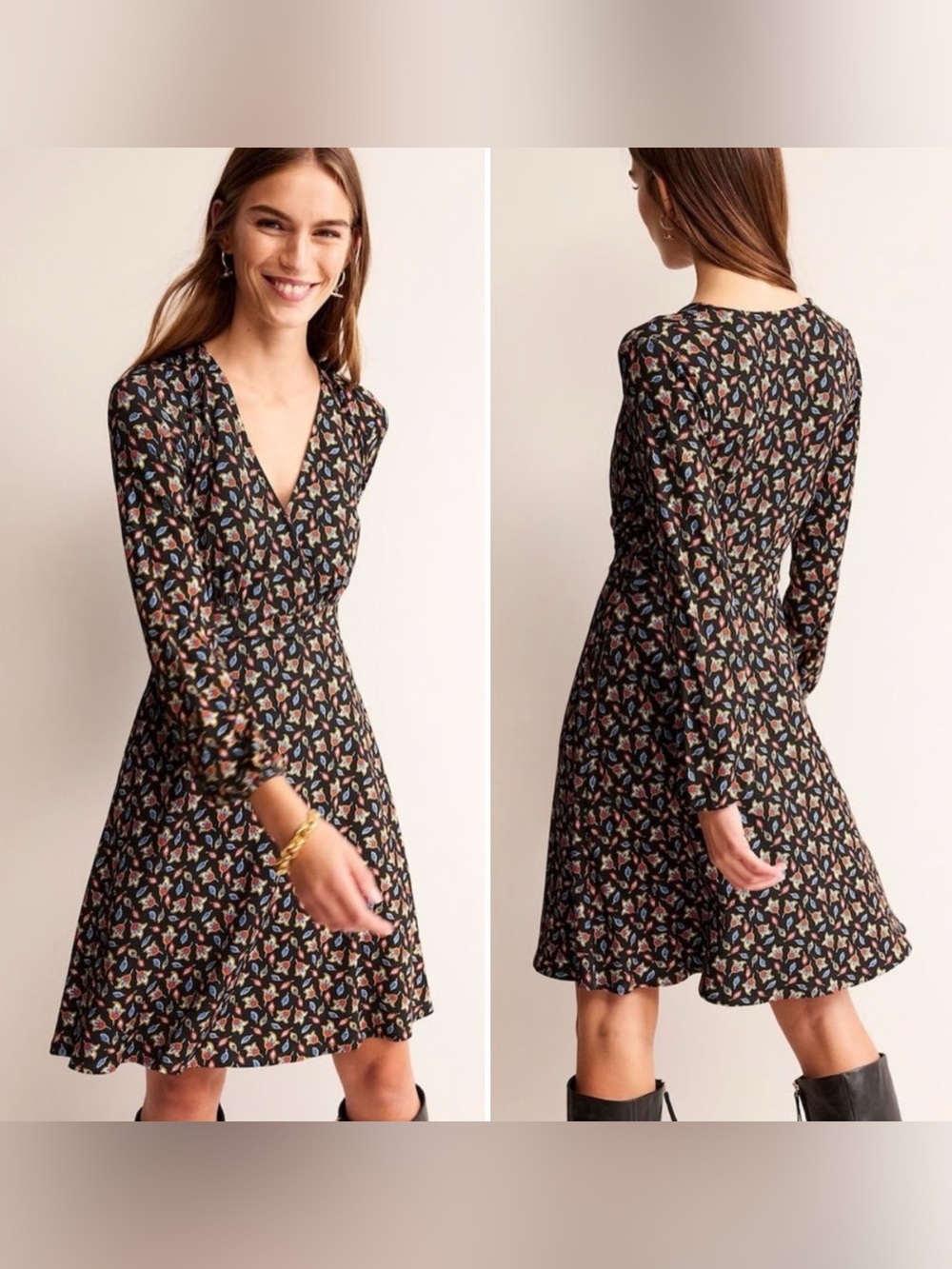 Boden Willow Black Tulip Bud Multi Print Jersey Dress